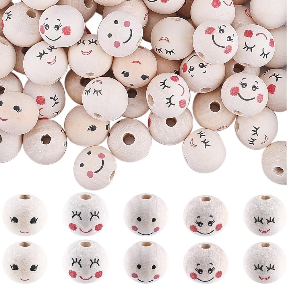 1520 100PCS 5 Styles Smiling Face Wooden Beads 20MM Large Round Natural